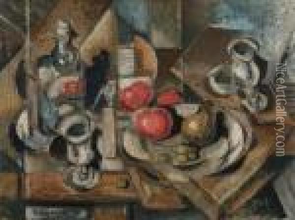 Still Life With Apples And Pear. 1921. Oil Painting - Antonin Prochazka