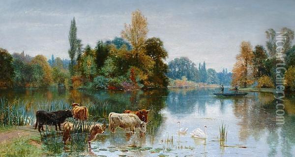 Cattle In A River Landscape Oil Painting - Frederick William Hayes