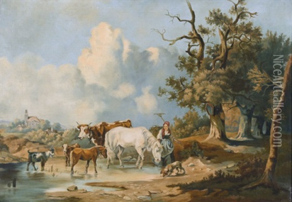 Sommerliche Landschaft Mit Bauerin Und Tieren Oil Painting - Charles Jacques DuBois-Melly