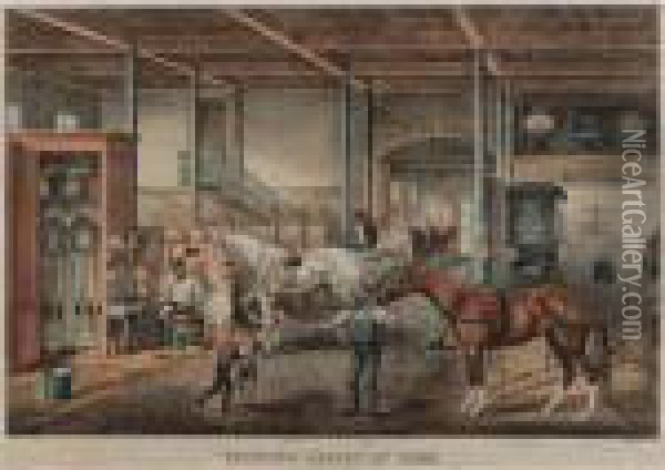 Trotting Cracks At Home: A Model Stable Oil Painting - Currier & Ives Publishers