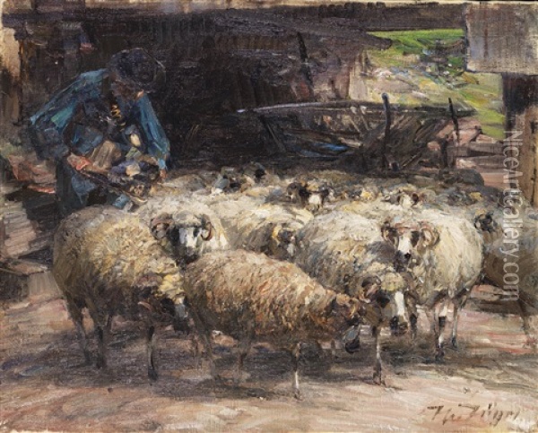 Schafer Mit Herde Am Brunnen Oil Painting - Heinrich von Zuegel