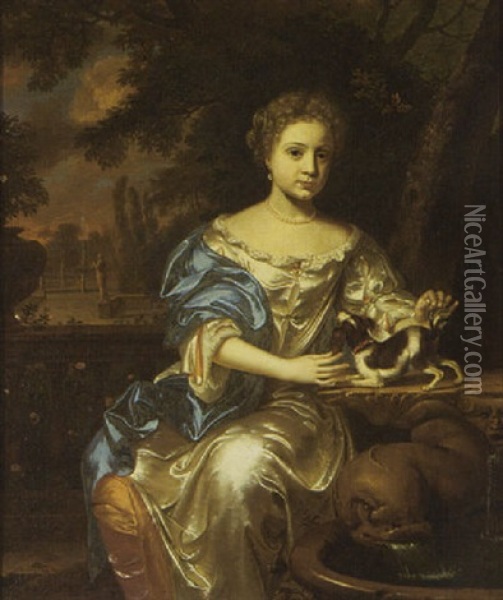 A Portrait Of A Young Lady Wearing A White Satin Dress With A Dog On A Table, With View Of A Garden Beyond Oil Painting - Mattheus Wytmans