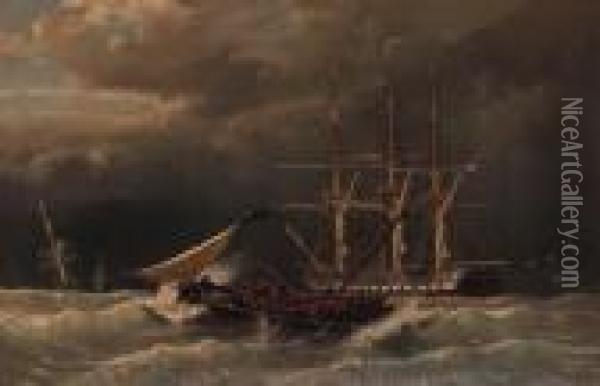 A Three-master In A Storm Oil Painting - Johan Conrad Greive