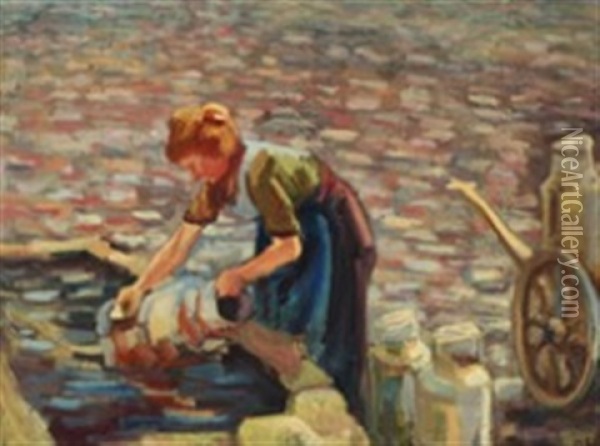 A Woman Washing A Milkcan Oil Painting - Peter Marius Hansen