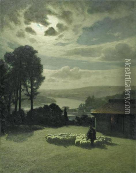 Shepherd Under The Full Moon Oil Painting - Maurice Grun
