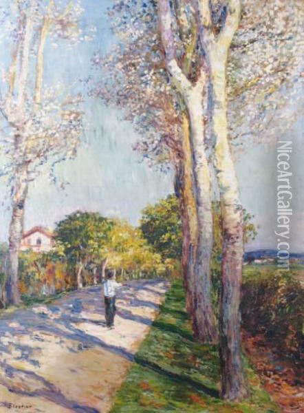 Route Bordee D'arbres Au Pays Basque Oil Painting - Louis Floutier