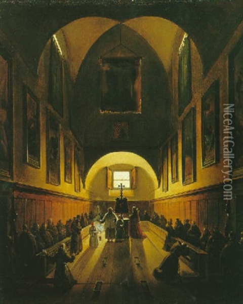 La Messe A L'interieur Du Choeur De L'eglise Des Capucins A Rome Oil Painting - Francois Marius Granet