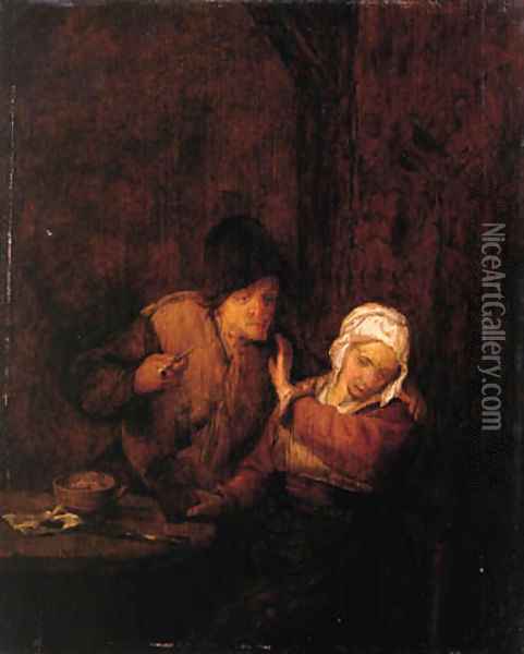 A boor courting a maid in an inn Oil Painting - Adriaen Jansz. Van Ostade
