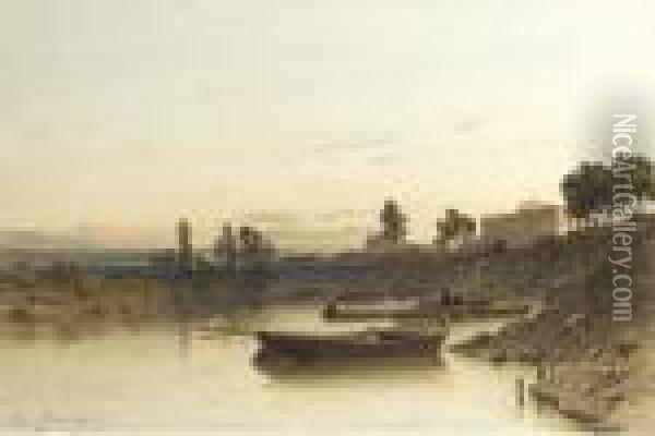 Boats On The River, A House On The Riverbank Beyond Oil Painting - Ciceri, Eugene