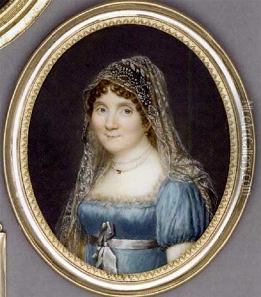 A Young Lady In Cream-lace Bordered Pale Blue Silk Dress, Grey Sash Tied In A Bow, Double Strand Pearl Necklace, Embroidered Gauze Veil In Her Curling Brown Hair Oil Painting - Jean-Baptiste Couvelet
