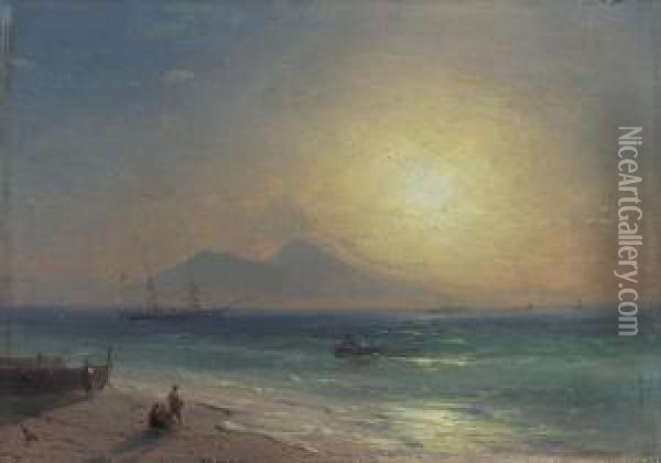 Die Kuste Bei Neapel Im Abendlicht. Um 1878. Oil Painting - Ivan Konstantinovich Aivazovsky