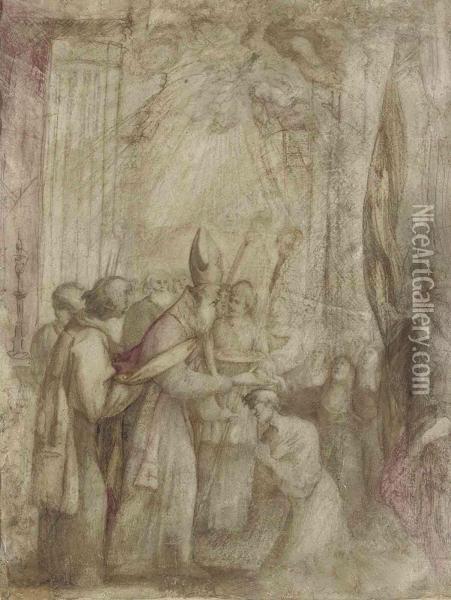Giovanni Andrea Donducci, Il Mastelletta A Bishop Offering A Benediction To A Kneeling Figure, Accompaniedby Acolytes, Pious Women And A Flagbearer With Indistinct Inscription Pen And Brown Ink, Brown, Rose And Ochre Oil Painting - Giovanni Andrea Donducci (see MASTELLETTA)