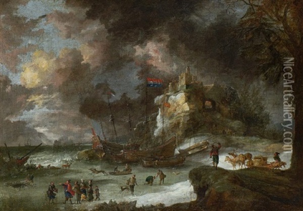 Winterliche Kustenlandschaft Mit Schiffen Und Rentierschlitten Auf Dem Eis Oil Painting - Jan Peeters the Elder