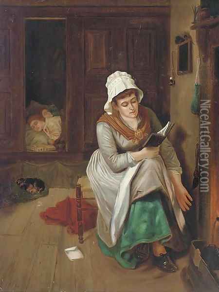 A quiet read by the fire Oil Painting - Edward William Cooke