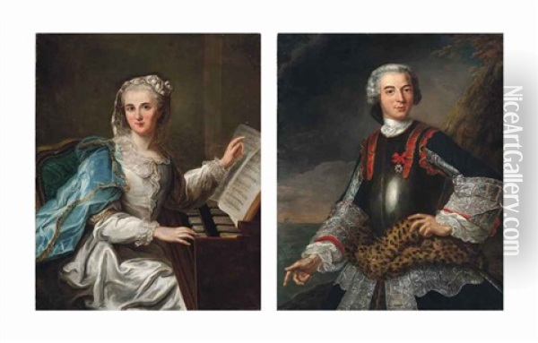Portrait Of A Lady, Three-quarter-length, In A Lace-trimmed White Satin Dress And...; Portrait Of A Gentleman, Three-quarter-length, In Armour...(pair) Oil Painting - Louis Michel van Loo