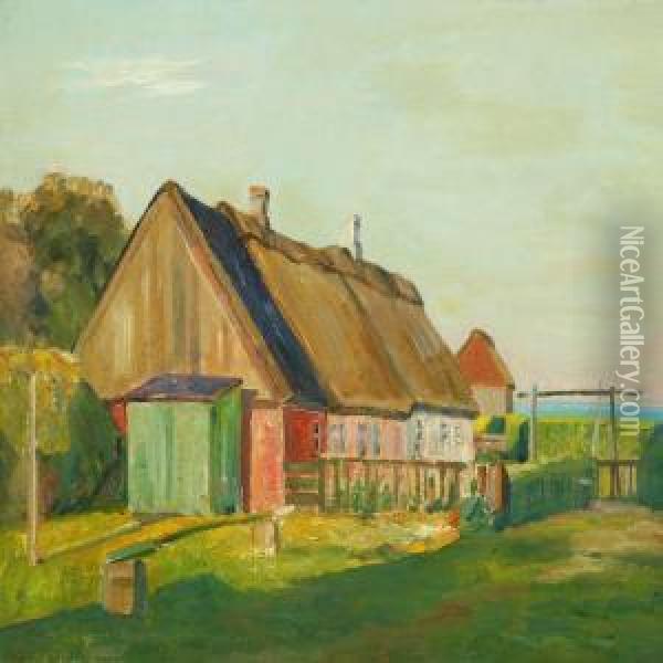 Danish Landscape With Half-timbered House Oil Painting - Johan Gudmann Rohde