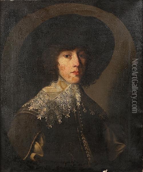 Portrait Of Rupert, Prince 
Palatine, Half-length, In A Black Slashed Doublet With A Lace Collar And
 A Black Hat Oil Painting - Gerrit Van Honthorst