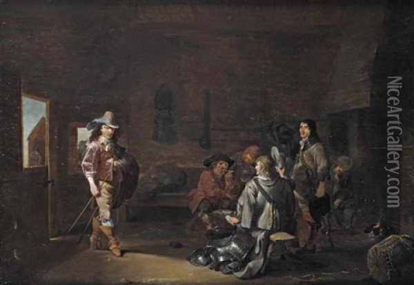 A Guardroom With Soldiers Playing Cards And An Officer Entering Oil Painting - Ludolf de Jongh