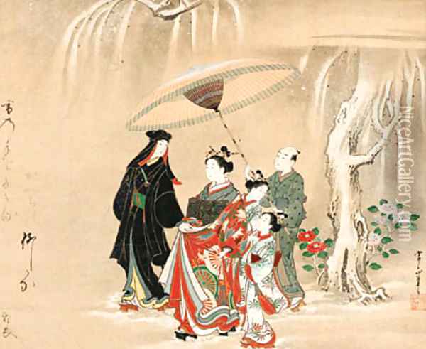 A courtesan procession in the snow Oil Painting - Kawamata Tsunemasa