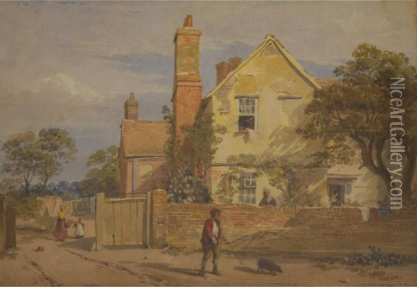 Figures With A Pig By A Country House Oil Painting - Richard Pratchett Noble