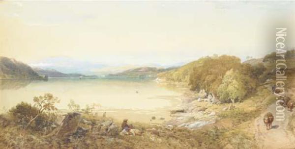 Loch Awe, From The Ford End, Cruachan In The Distance, Argyllshire Oil Painting - Thomas Miles Richardson
