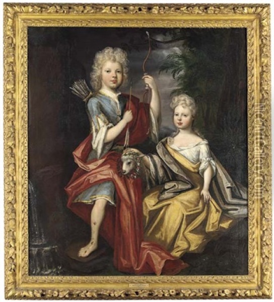 Double Portrait Of William And Mary Levinz, The Former In A Blue Costume, The Latter In A Yellow Dress, Her Right Hand Resting On A Lamb Oil Painting - Edward Byng