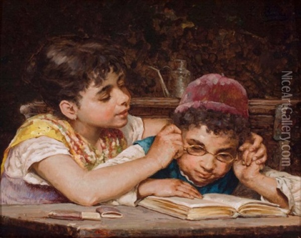Sisterly Affection Oil Painting - Luigi Bechi