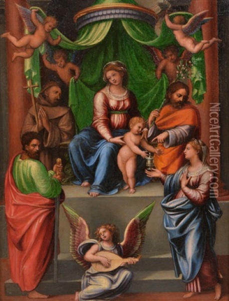 The Madonna And Child With Saints And Angels Oil Painting - Innocenzo di Pietro (da Imola) Francucci