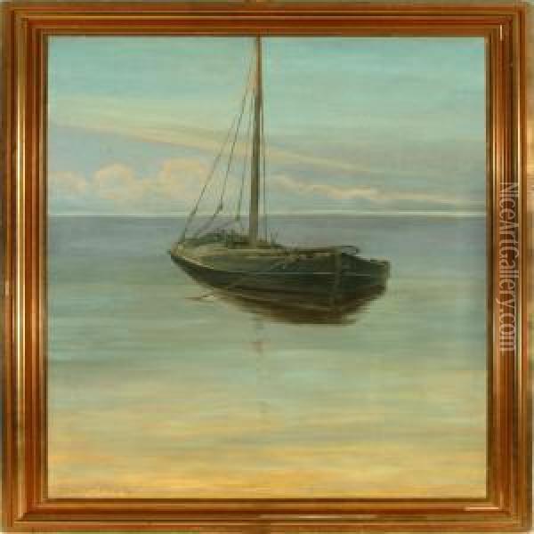 Seascape With A Sailing Boat. Signed Louis Moe Oil Painting - Louis Moe