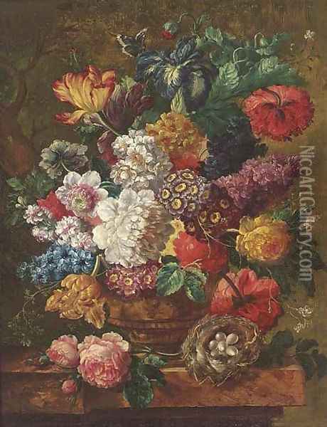 Summer flowers in a vase, with a bird's nest to the side, on a ledge Oil Painting - Jan van Os