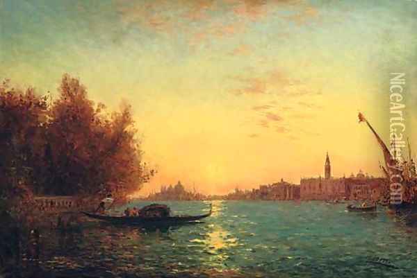 Venise, l'entree lointaine du Grand Canal au soleil couchant (Venice, the Grand Canal, sunset) Oil Painting - Felix Ziem