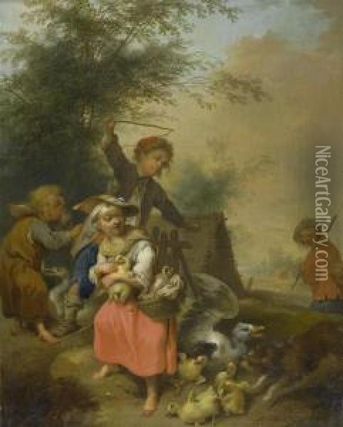 Peasant Children With Geese And Chicks. Oil Painting - Joseph Conrad Seekatz