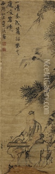 Scholar Playing Qin Under Pine Tree Oil Painting -  Lan Ying