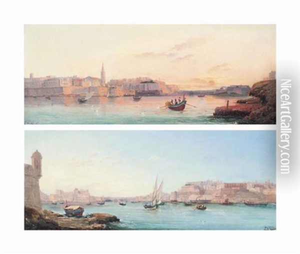 Marsamxett Harbour, Valletta; And Valletta From Senglea Point Oil Painting - Luigi Maria Galea