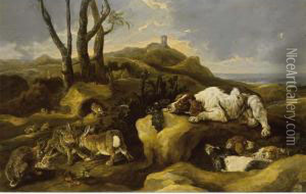 Spaniels Stalking Rabbits In The Dunes, A View Of The Sea Beyond Oil Painting - Joannes Fijt