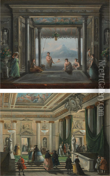 Figures In The Foyer Of La Fenice Theater, Venice Oil Painting - Giuseppe Bernardino Bison
