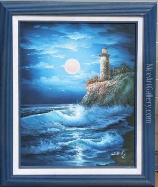 Lighthouse Oil Painting - William Edward Riley
