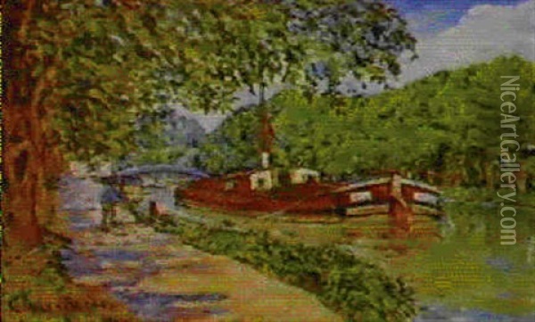 Peniche Sur Le Canal Du Loing A Montargis Oil Painting - Adolphe Clary-Baroux