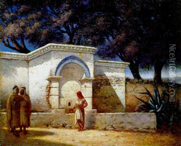 Femme A La Fontaine Et Deux Passants Oil Painting - Gustave Achille Guillaumet