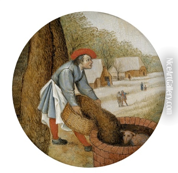 Der Bauer Schuttet Den Brunnen Zu, Nachdem Das Kalb Hinein Gefallen Ist (from Sprichworter) Oil Painting - Pieter Brueghel the Younger