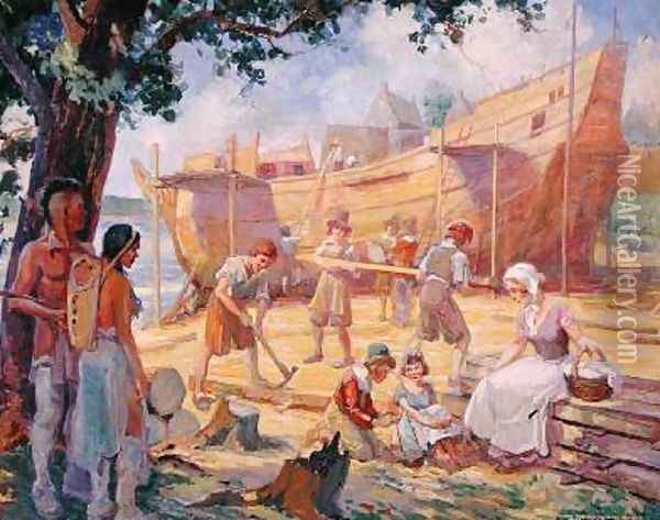 Ship Building in New Netherland 1930s Oil Painting - G. Moore