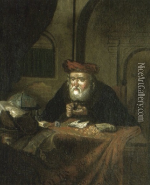 Moneychanger Seated At A Draped Table In An Interior Oil Painting - Salomon Koninck