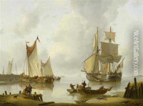 Sailing Boats Near A Beach Oil Painting - Louis Verboeckhoven