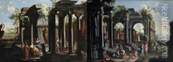 Personnages Pres D'une Fontaine Dans Des Ruines Antiques (+ Personnages Au Pied D'une Statue Dans Des Ruines Antiques; Pair) Oil Painting - Gennaro Greco