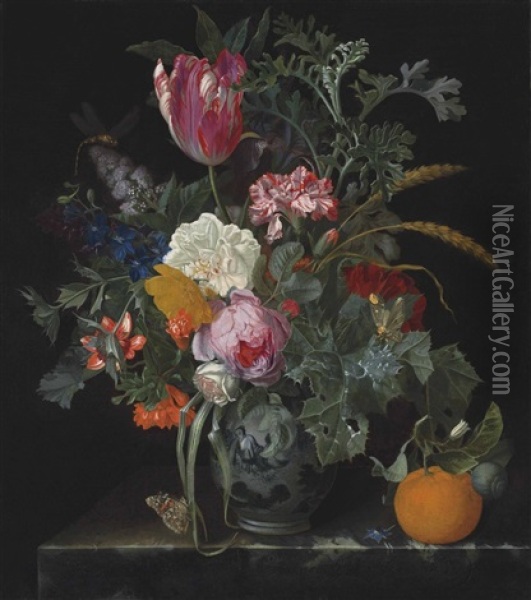 Roses, A Parrot Tulip, Carnations, Ears Of Wheat, Hyacinths And Other Flowers With Butterflies In A Chinese Vase, With An Orange On A Marble Ledge Oil Painting - Maria van Oosterwyck