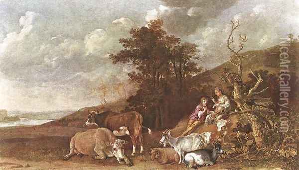 Landscape with Shepherdess and Shepherd Playing Flute 1642-44 Oil Painting - Paulus Potter