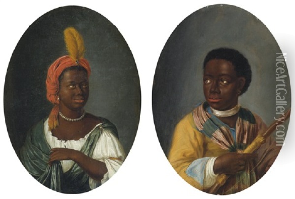 Portrait Of A Young African Woman And Portrait Of A Young African Man Holding A Bow (pair) Oil Painting - Dirk Valkenburg