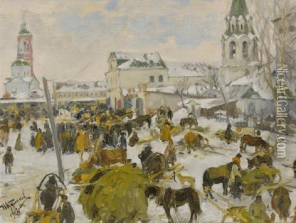 Murom City Square (+ Horse And Cart, Smllr; 2 Works) Oil Painting - Ivan Semionovich Kulikov