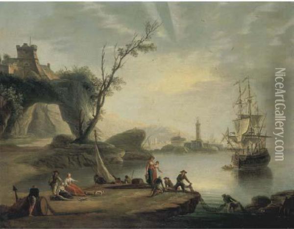 Marina Con Veliero E Pescatori Sulla Riva Oil Painting - Charles Francois Lacroix de Marseille