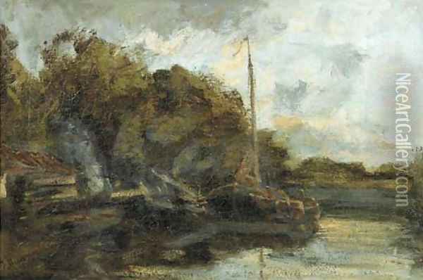 Moored sailing barges along a canal Oil Painting - Jacob Henricus Maris
